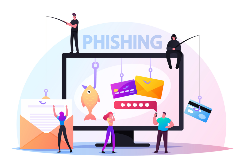 ordinateur avec plusieurs hameçons en guise de phishing ou hameçonnage