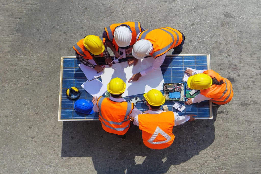 Vue aérienne d'une réunion de chantier avec six hommes portant des casques et des gilets orange, penchés sur une table où sont disposés des plans de construction, illustrant une session de coordination pour les travaux en cours.