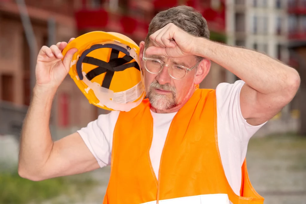 Homme portant un gilet orange, enlevant son casque de chantier et essuyant la sueur de son front avec sa main gauche, illustrant un moment de pause dans un chantier en raison du retard des travaux