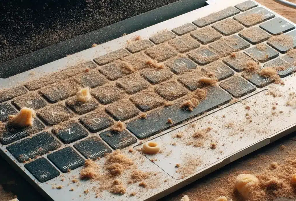 Clavier d'un ordinateur portable recouvert de miettes, de débris et de poussière