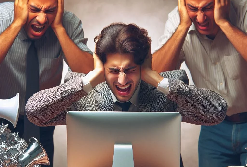 Trois hommes autour d'un ordinateur qui se bouchent les oreilles en raison du bruit du PC