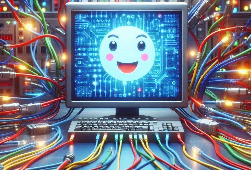 Smiley rieur figurant dans un écran d'ordinateur entouré de fils de connexion
