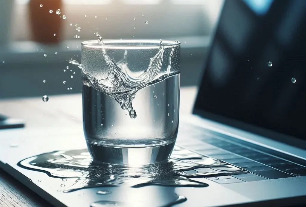 Un verre d'eau déborde sur un ordinateur portable