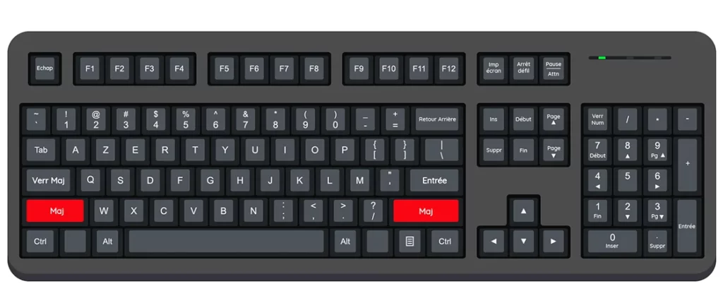 Touche majuscule du clavier d'un ordinateur mis en rouge