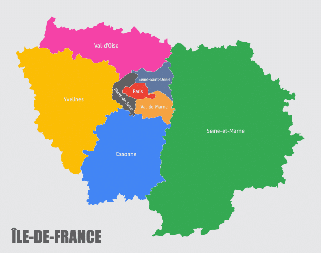 La région île de France avec ses départements 75, 77, 78, 91, 92, 93, 94, 95