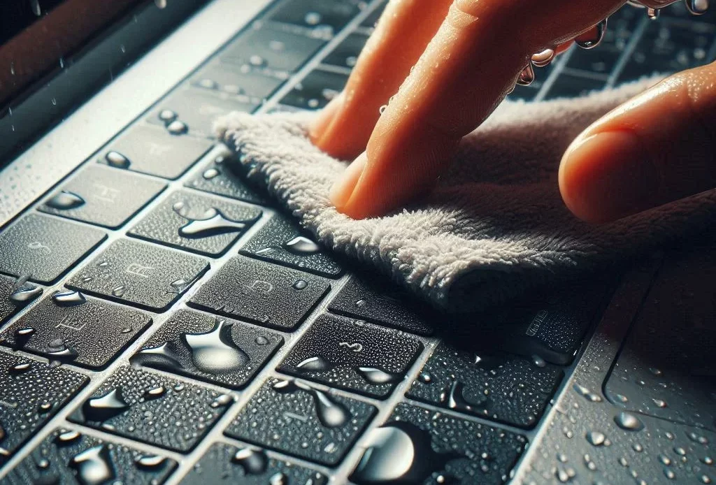 Une personne passe la main sur le clavier de l'ordinateur pour sécher l'eau renversée.