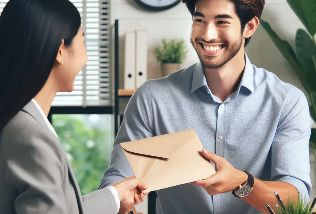 Un employé de banque remet une attestation de régularisation du chèque impayé sous pli à une cliente