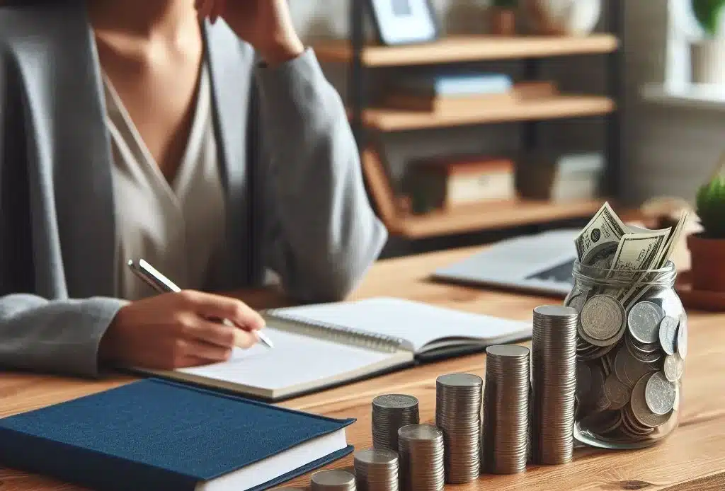 Des pièces d'argent sont posées sur le bureau d'un huissier pour illustrer le recouvrement de la dette