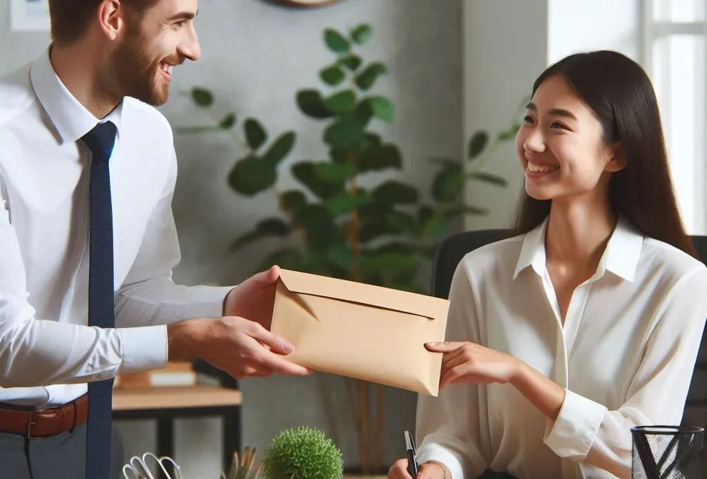 Remise d'une lettre entre un huissier et une femme