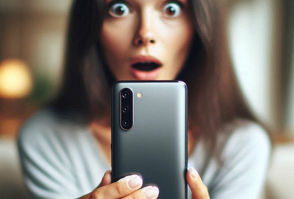 une femme tient dans ses mains un téléphone portable et est surprise de voir son compte instagram restreint