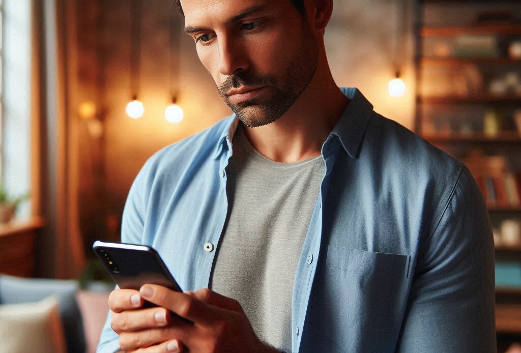 Un homme tenant un téléphone portable entre ses mains se demande s'il est bloqué sur Instagram.