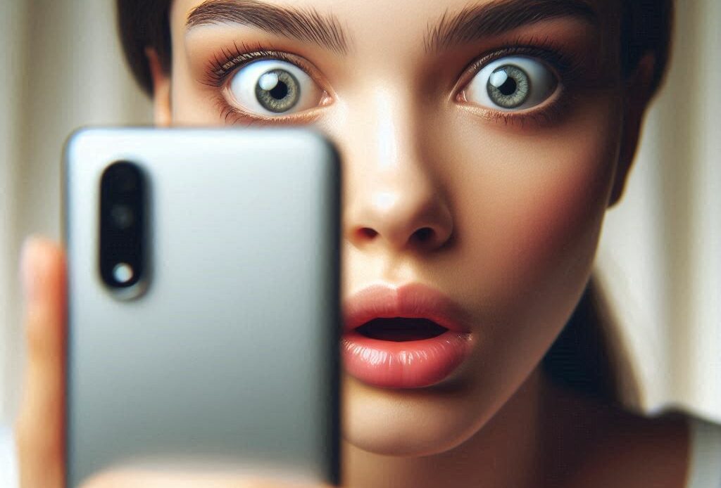 Une femme tient dans sa main un téléphone portable et est surprise car elle ne peut pas envoyer des messages à partir de son compte Instagram