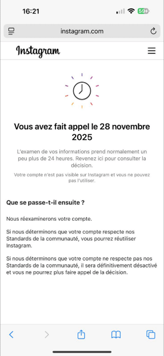 Appel fait suite à un compte Instagram piraté