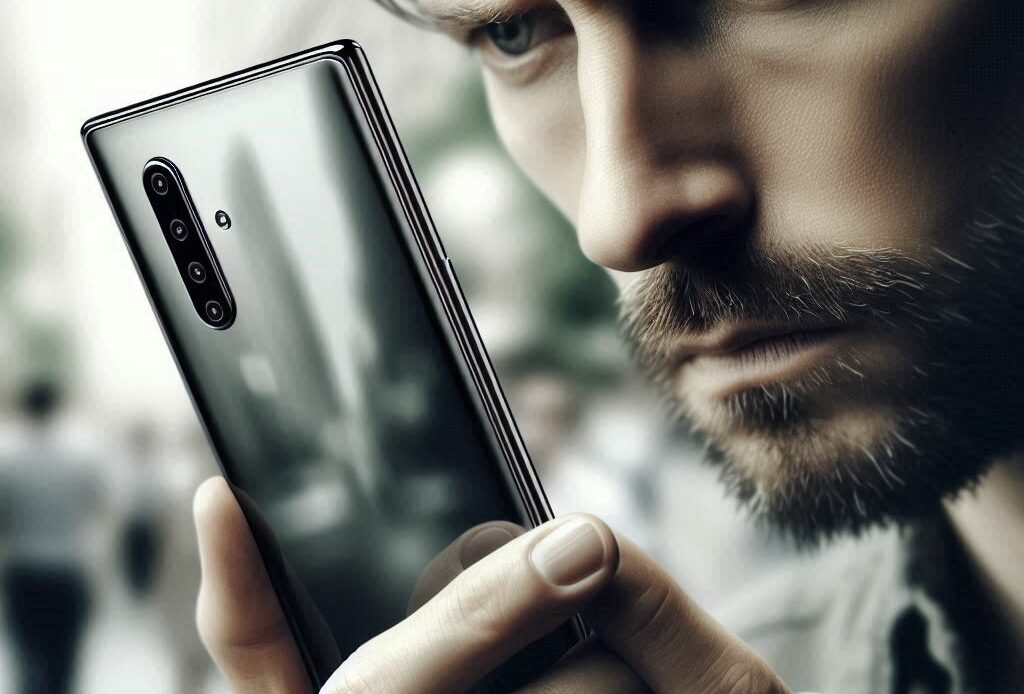 un homme regarde son téléphone avec un air inquiet.