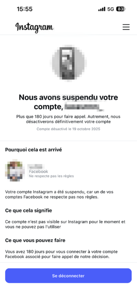 Message d'Instagram indiquant la suspension du compte Instagram en raison de la violation des règles de la communauté sur le compte Facebook.