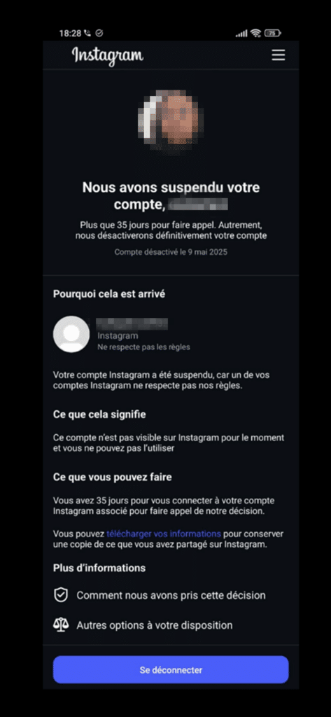 Message indiquant la suspension d'un compte Instagram en raison de la violation des standards de la communauté par un autre compte Instagram.