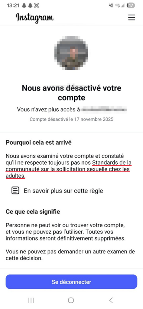 Compte Instagram suspendu en raison de la violation des règles de la communauté sur la sollicitation sexuelle chez les adultes.