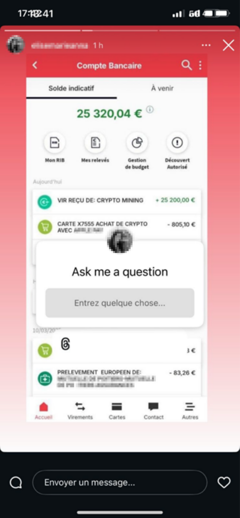 Exemple d'une story publiée par le pirate entrainant la suspension du compte Instgram.