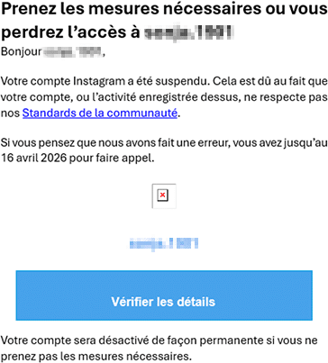 Message Instagram de suspension de compte pour violation des standards de la communauté