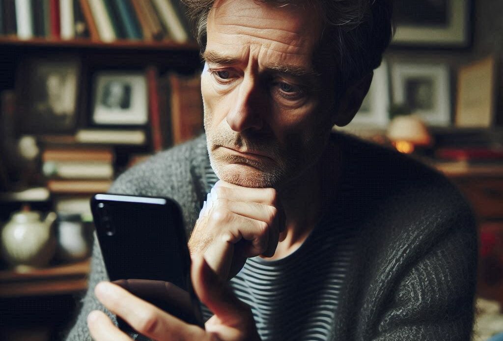 Un homme tient dans sa main un téléphone portable et se demande comment contacter Facebook par téléphone ?