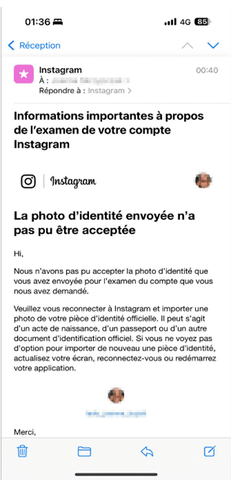 Message d'Instagram refusant la photo d’identité lors d’un appel après suspension de compte