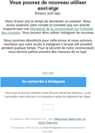 Message Instagram confirmant la réactivation d’un compte suspendu après examen de l'appel.
