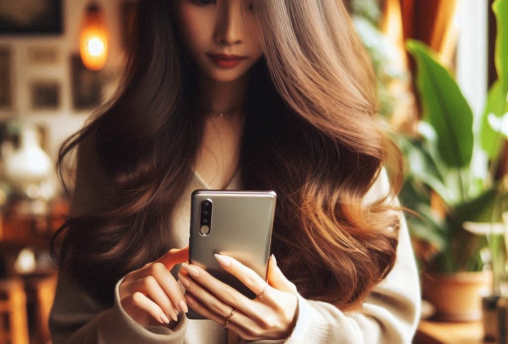 Une femme tient entre ses mains un téléphone portable et restreint une personne sur Instagram.