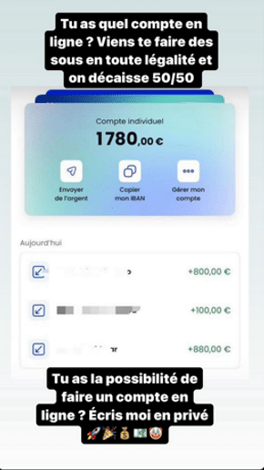 Exemple de publication frauduleuse trouvée sur Instagram