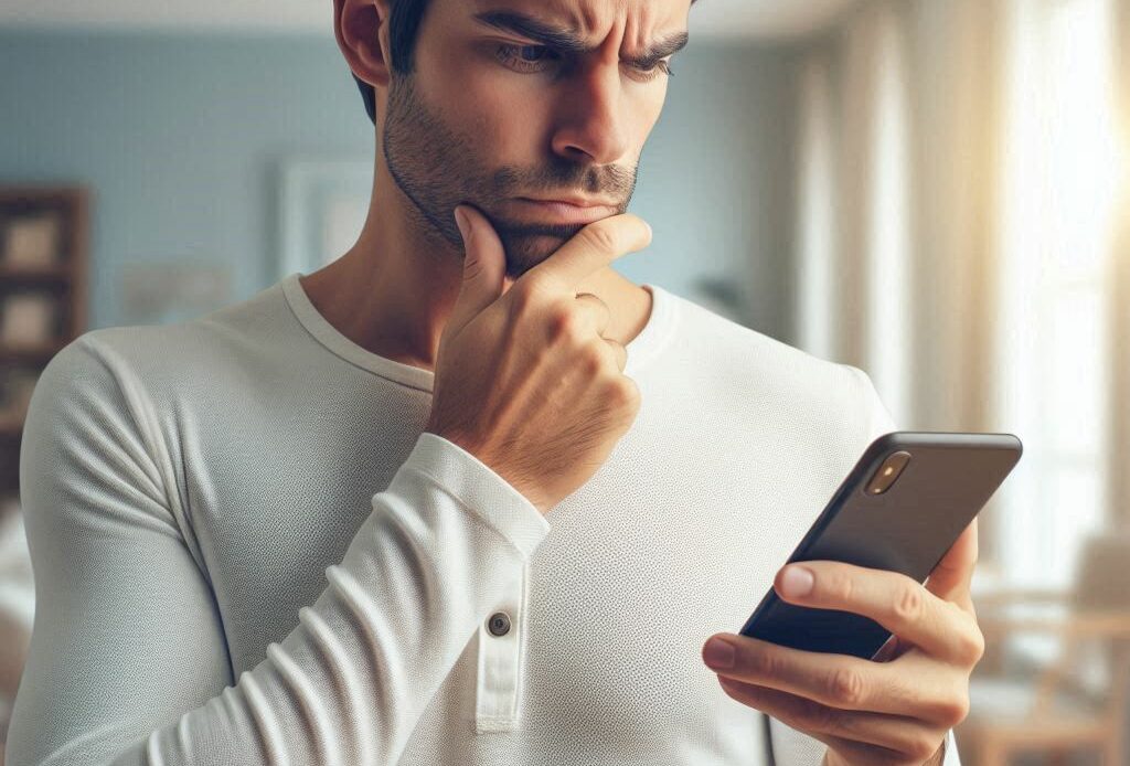 Un homme tient un téléphone portable et a un air dubitatif car il ne sait pas comment récupérer son compte TikTok.