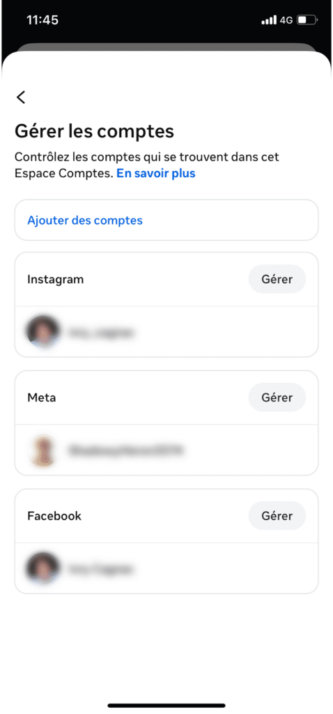 Espace Comptes Meta avec les comptes liés Instagram, Facebook et Meta