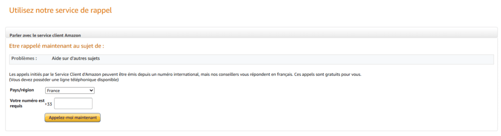 Fiche de renseignement afin d'être rappelé par Amazon