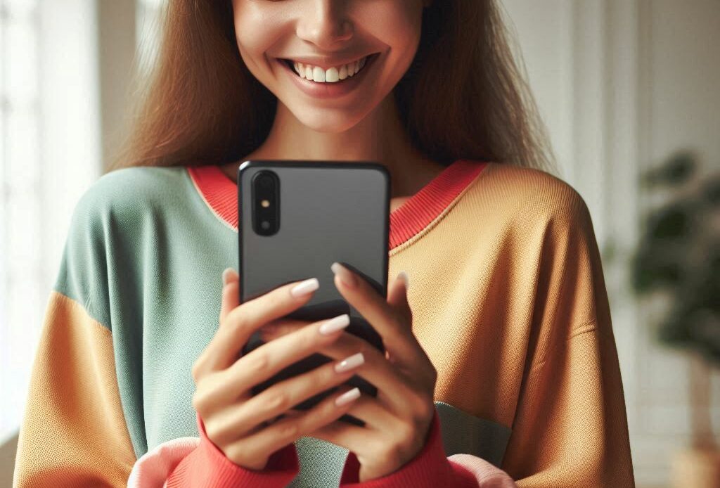 Une femme souriante regarde son téléphone portable car elle vient de récupérer son compte TikTok.