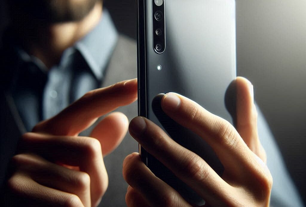 Un homme tient à la main son téléphone portable et essaie de récupérer son compte Facebook piraté.