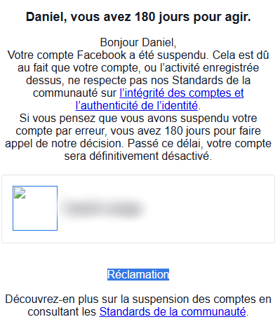 Message de suspension d'un compte Facebook indiquant 180 jours pour faire appel.