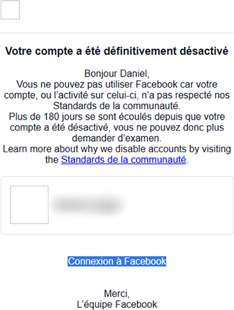 Message Facebook indiquant un compte définitivement désactivé après expiration du délai de 180 jours