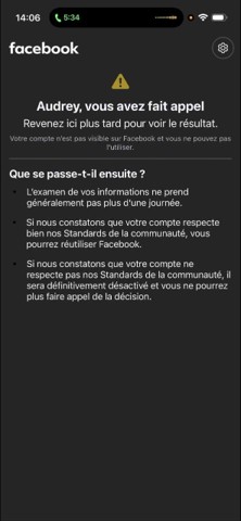 Écran Facebook confirmant qu'un appel a été déposé contre la suspension du compte, en attente de résultat