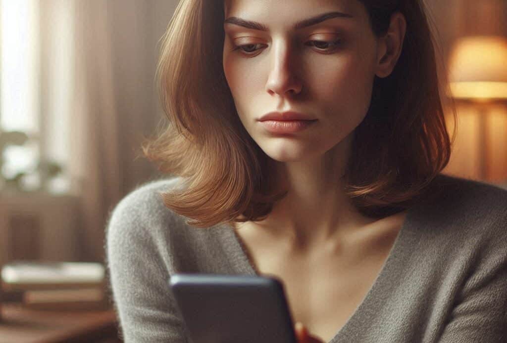 Une femme avec son téléphone portable à la main tente de récupérer son compte Leboncoin piraté