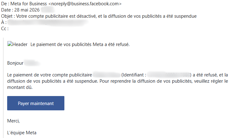 Notification Facebook : compte publicitaire suspendu pour paiement refusé