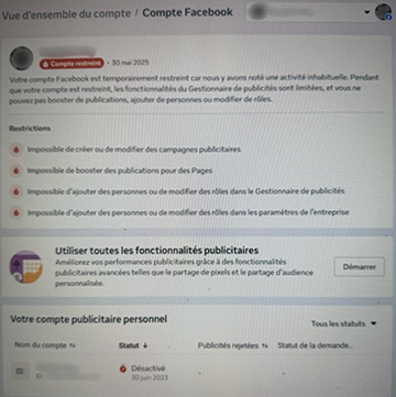 Compte publicitaire Facebook restreint en raison d'une activité inhabituelle.