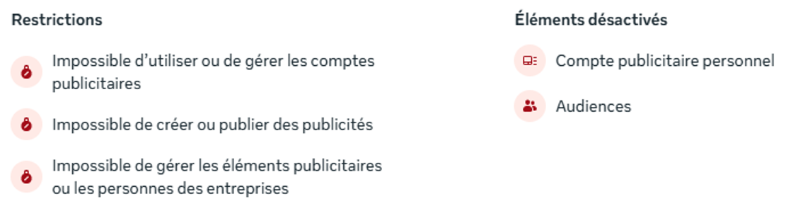 Restriction et désactivation d'un compte publicitaire Facebook.