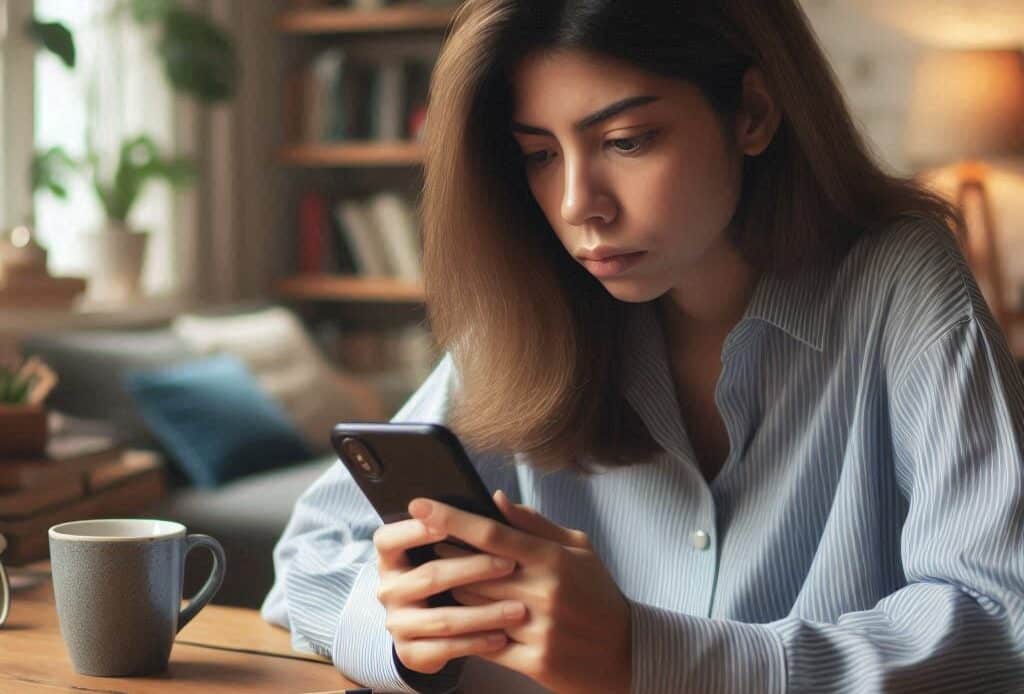 Une jeune tient dans ses mains un téléphone portable et a un air inquiet car son compte TikTok est piraté.