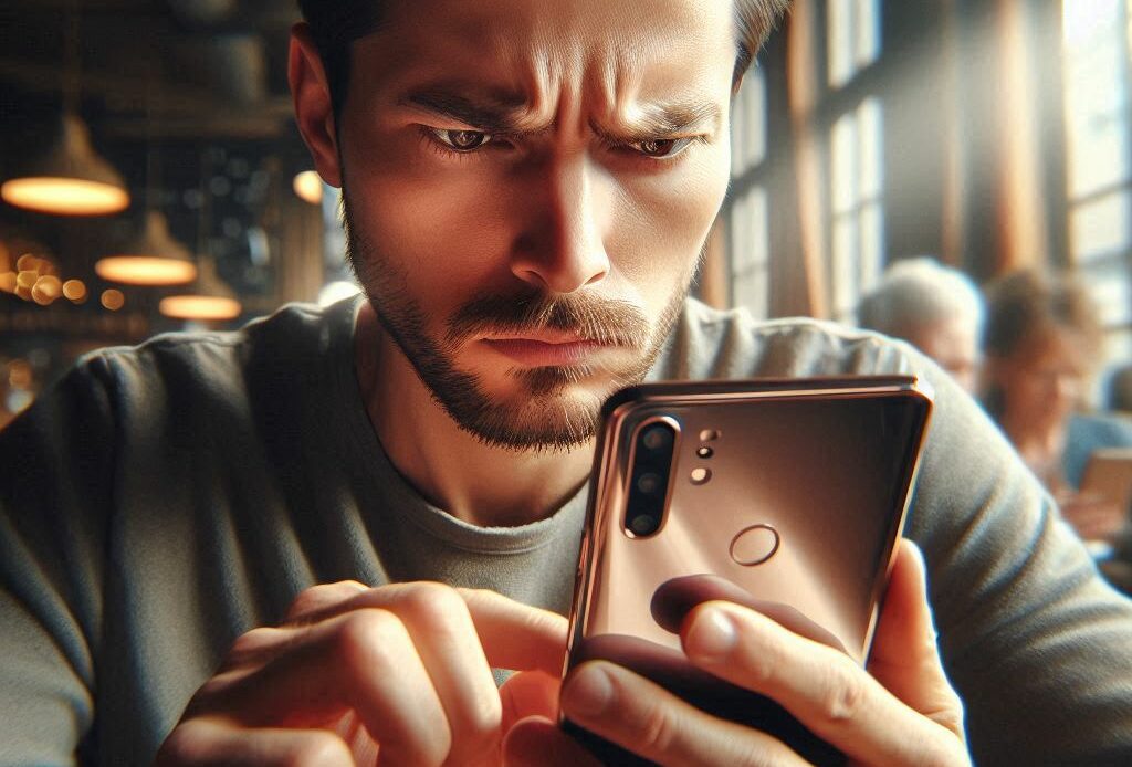 Un homme essaie de contacter Snapchat France à partir de son téléphone portable.