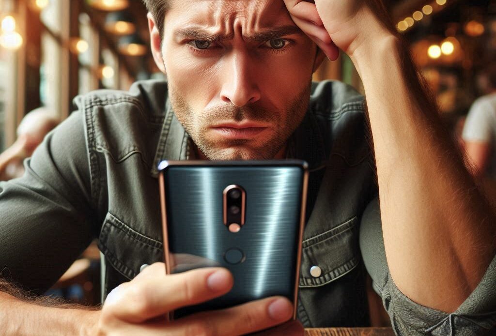 Un homme essaie de contacter Youtube avec son téléphone portable.