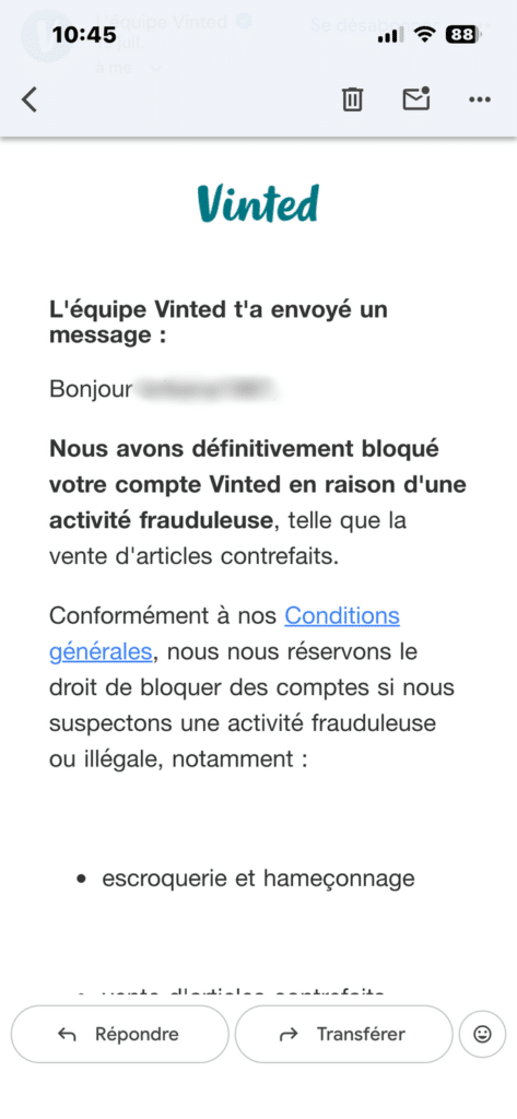 E-mail de l'équipe Vinted notifiant le blocage définitif d'un compte pour activité frauduleuse (vente d'articles contrefaits) au titre des Conditions générales