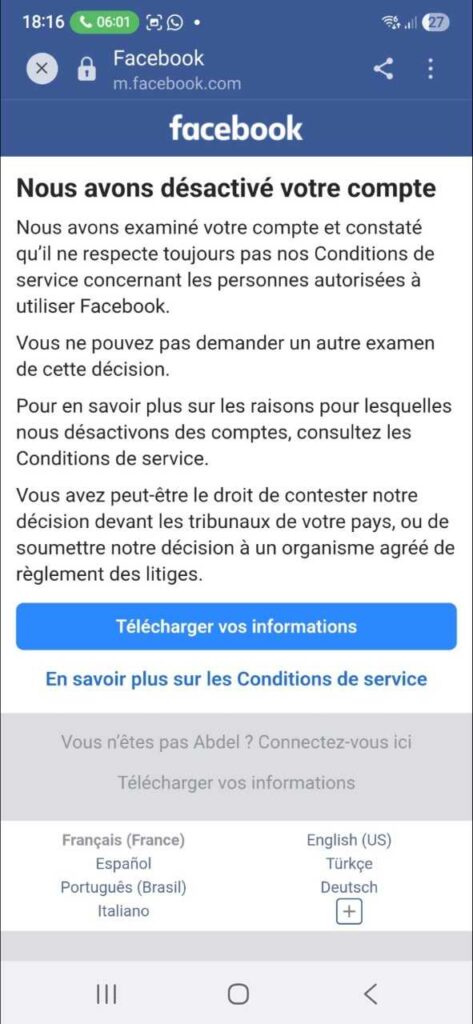 Message final de désactivation de compte Facebook : le réexamen interne est épuisé, mais un recours reste possible devant les tribunaux ou un organisme agréé de règlement des litiges.