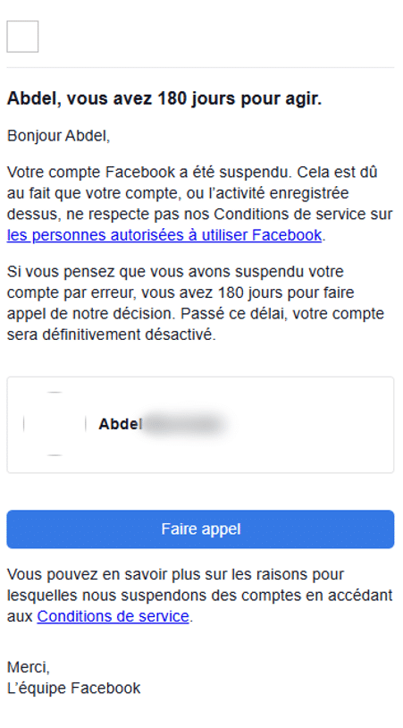 Formulaire pour faire appel suite à un compte Facebook désactivé.
