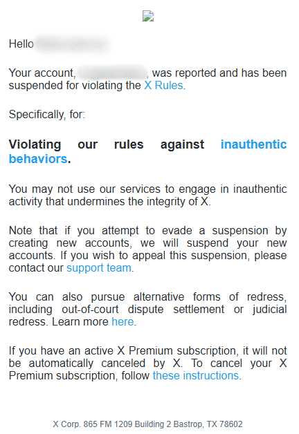 Capture d'écran de la notification de X annonçant la suspension du compte pour « comportements inauthentiques » (inauthentic behaviors).