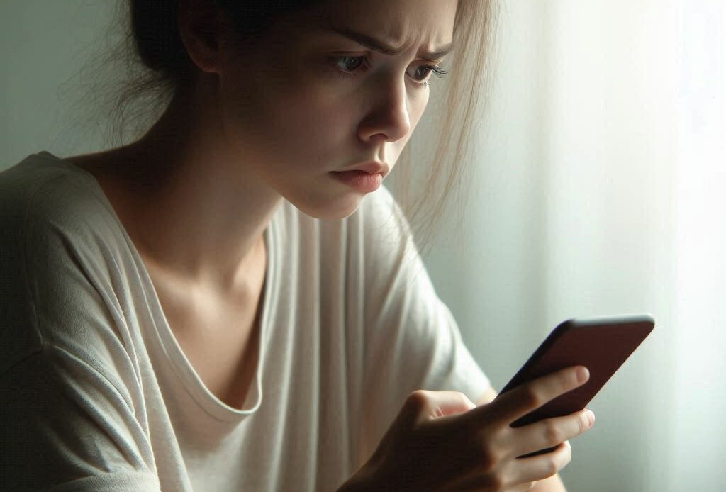 Une femme tente de récupérer son compte Leboncoin avec son téléphone portable.