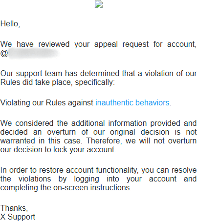 Capture d'écran de la réponse de X rejetant le recours et confirmant la suspension du compte pour comportements inauthentiques.