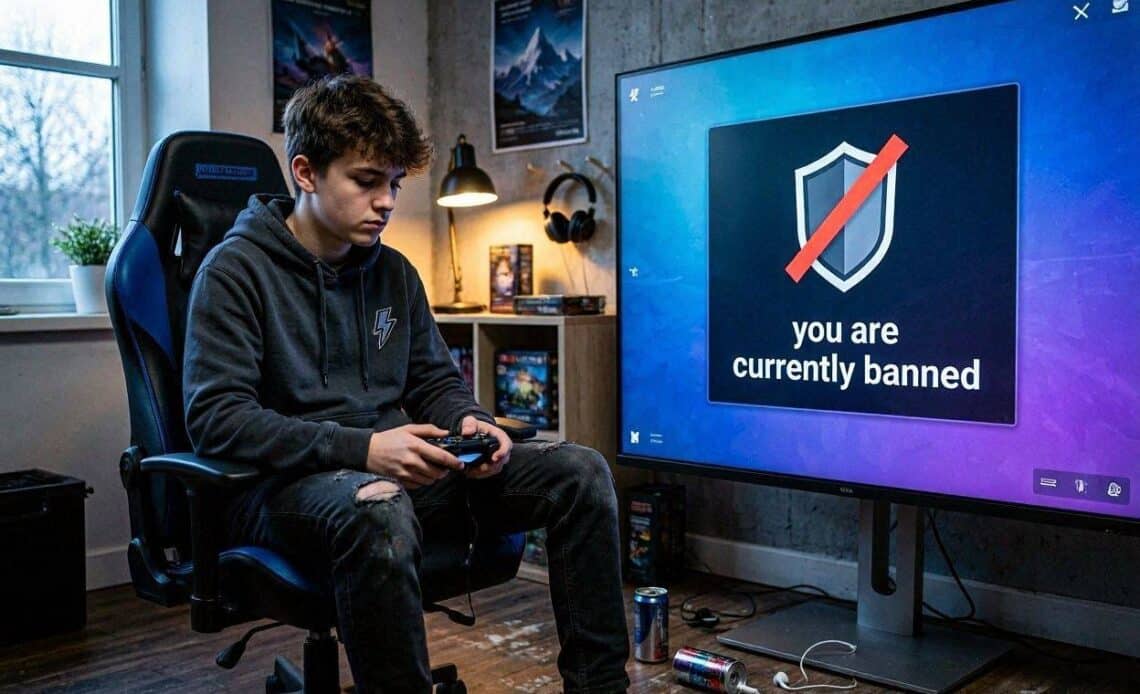 Jeune joueur manette en main devant un écran affichant un message de bannissement de jeu vidéo, dans une chambre éclairée par l'écran.